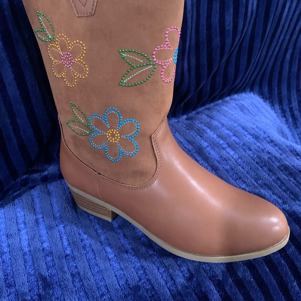 Sugar Brown Kids Boots with Colorful Floral Design